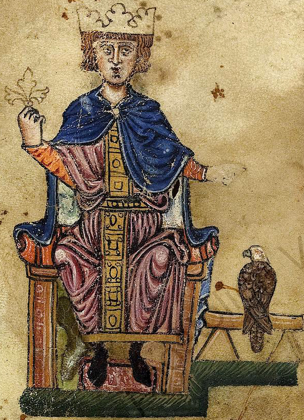 Frederick II with a bird of prey, depicted in a late 13th-Century manuscript of "De Arte Venandi cum Avibus", his book on ornithology.