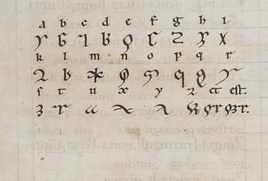 "Litterae Ignotae" ("Unknown Letters"), the constructed alphabet created by Hildegard of Bingen to write the "Lingua Ignota" ("Unknown Language"), a constructed language that she claimed was revealed by God. This key is from a manuscript c. 1200.