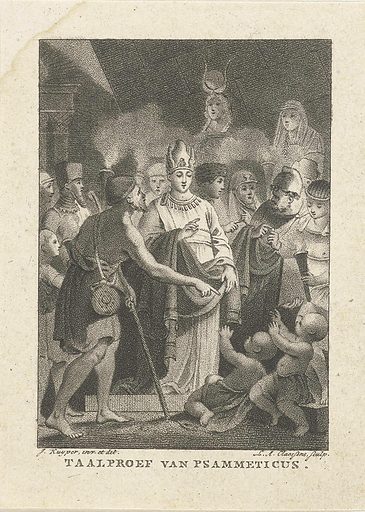 Psamtik witnesses the outcome of his experiment, in an engraving from 1800 by Lambertus Antonius Claasens.