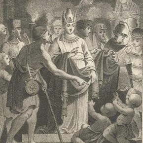 An 1800 engraving showing the Pharaoh Psamtik I witnessing the result of his language experiment